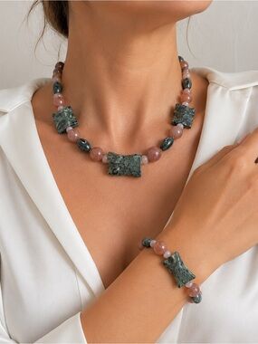 Natural kambaba Jasper Carnelian Rose Quartz Necklace Bracelet Set Artisan Boho